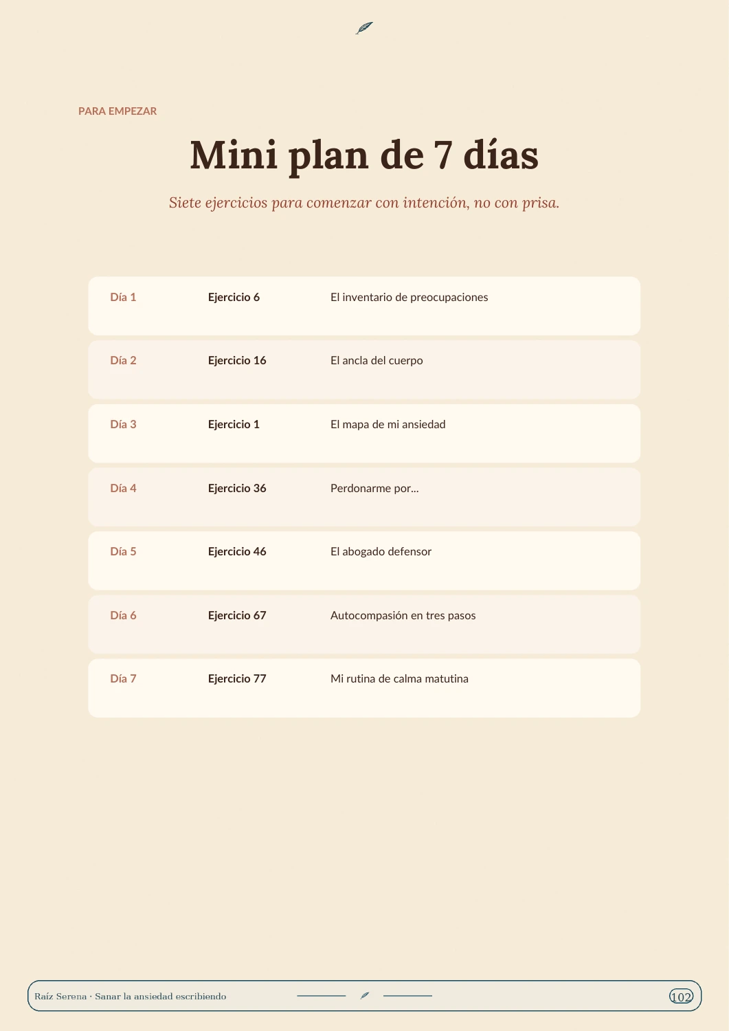 Página real con el mini plan de siete días y los ejercicios sugeridos