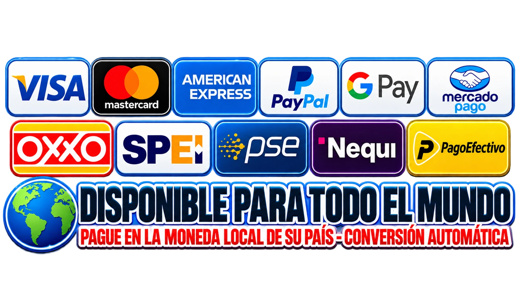 Métodos de pago: Visa, Mastercard, American Express, PayPal, Google Pay, Mercado Pago, OXXO, SPEI, PSE, Nequi y PagoEfectivo